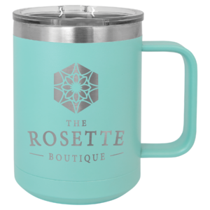 Custom engraved teal stainless steel travel mug with handle