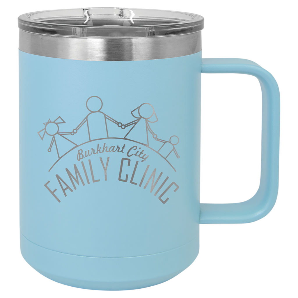 Custom engraved light blue stainless steel travel mug with handle