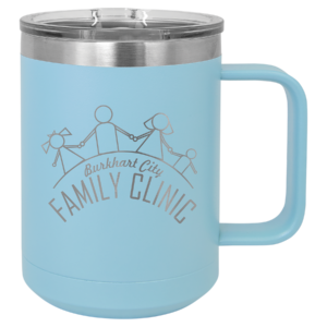 Custom engraved light blue stainless steel travel mug with handle