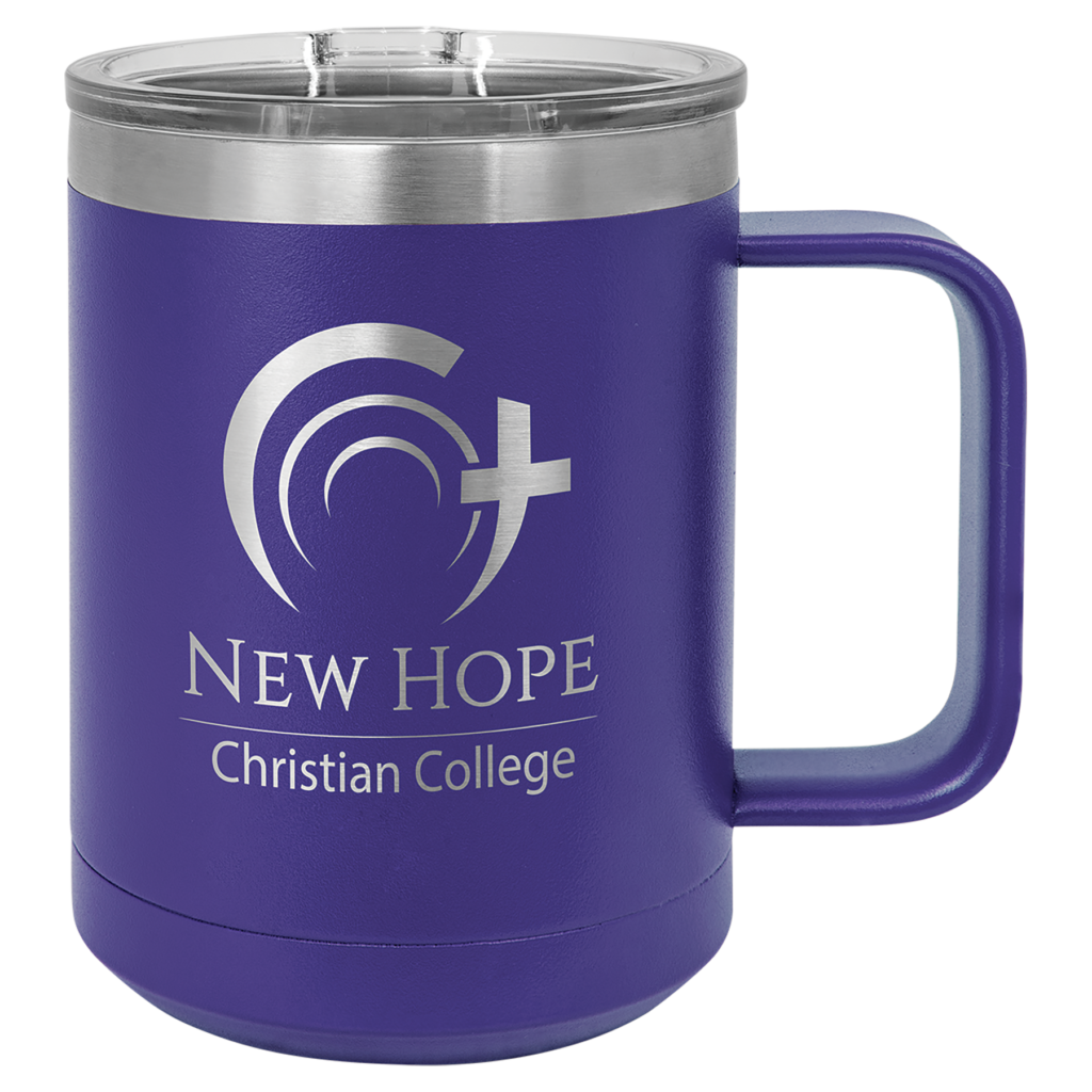 Custom engraved purple stainless steel travel mug with handle