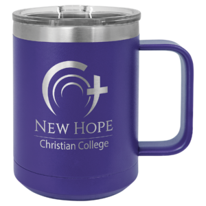 Custom engraved purple stainless steel travel mug with handle