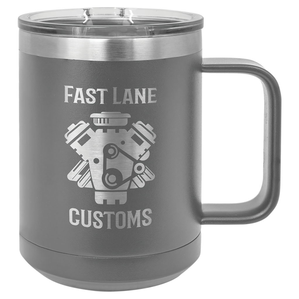 Custom engraved dark gray stainless steel travel mug with handle