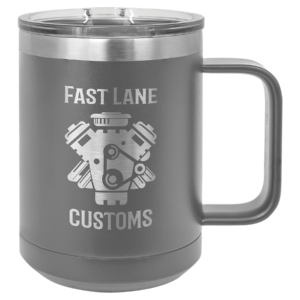 Custom engraved dark gray stainless steel travel mug with handle