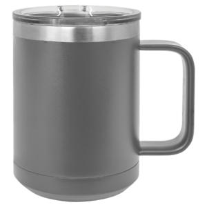 Custom engraved dark gray stainless steel travel mug with handle