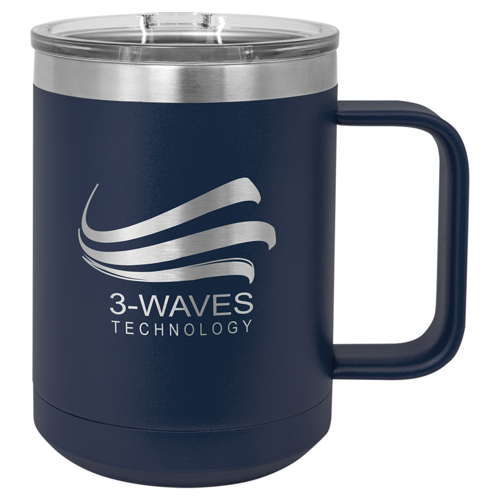Navy Polar Camel travel mug with handle, clear slider lid, and custom 3-Waves Technology engraving
