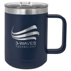 Navy Polar Camel travel mug with handle, clear slider lid, and custom 3-Waves Technology engraving