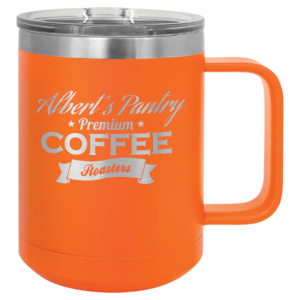 Custom engraved orange stainless steel travel mug with coffee design