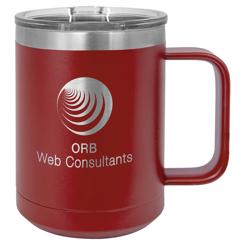 Custom engraved maroon stainless steel travel mug with handle