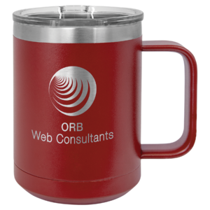 Custom engraved maroon stainless steel travel mug with handle