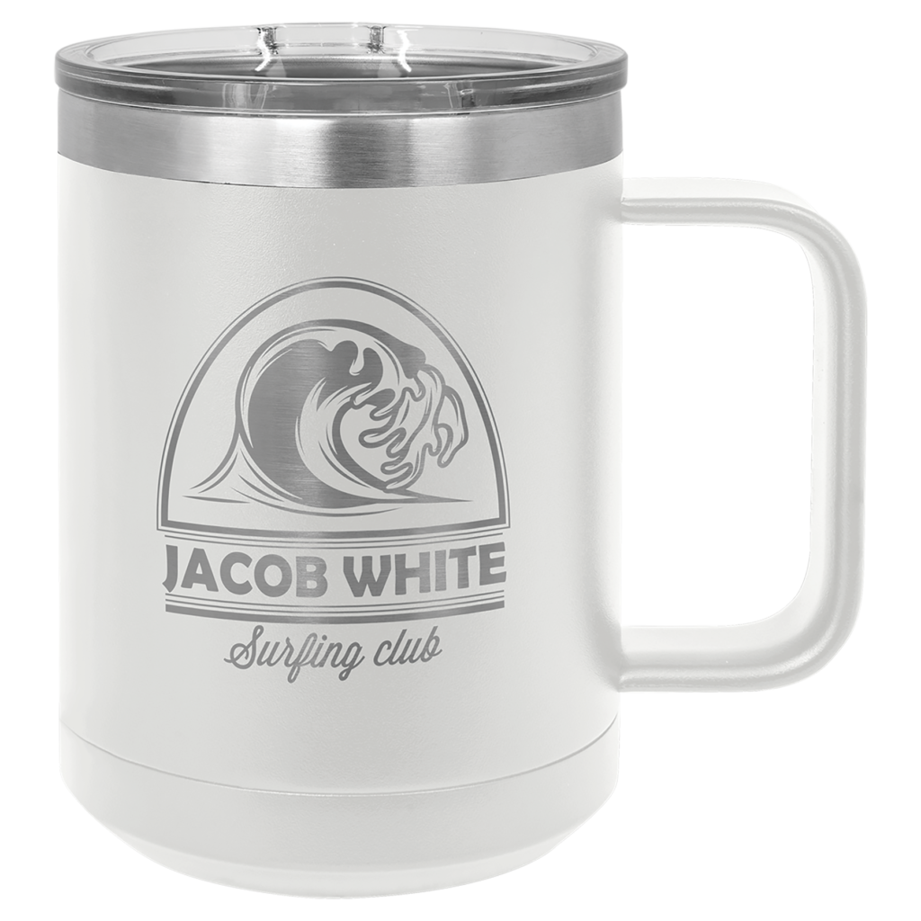 Custom engraved stainless steel travel mug with handle and logo