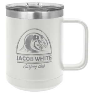 Custom engraved stainless steel travel mug with handle and logo