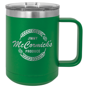 Custom engraved green stainless steel travel mug with handle