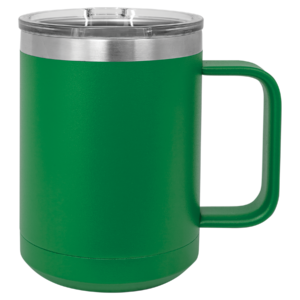 Custom engraved green stainless steel travel mug with handle