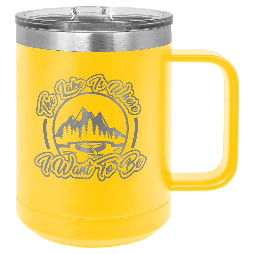Custom engraved yellow stainless steel travel mug with handle