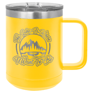 Custom engraved yellow stainless steel travel mug with handle