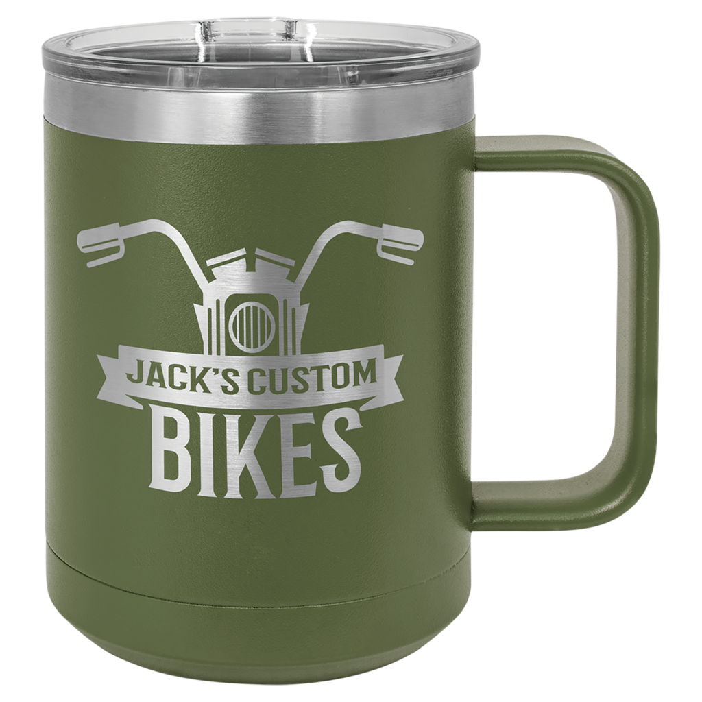 Custom engraved olive green stainless steel travel mug with motorcycle design