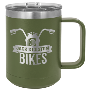 Custom engraved olive green stainless steel travel mug with motorcycle design