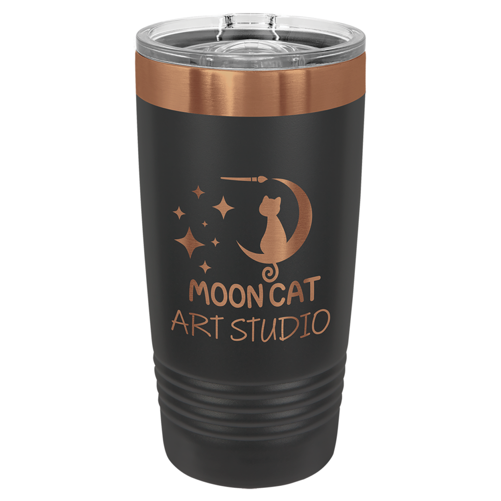 Personalized Polar Camel 20 oz black ringneck tumbler with rose gold engraving and clear slider lid