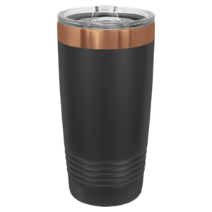 Personalized Polar Camel 20 oz black ringneck tumbler with rose gold engraving and clear slider lid