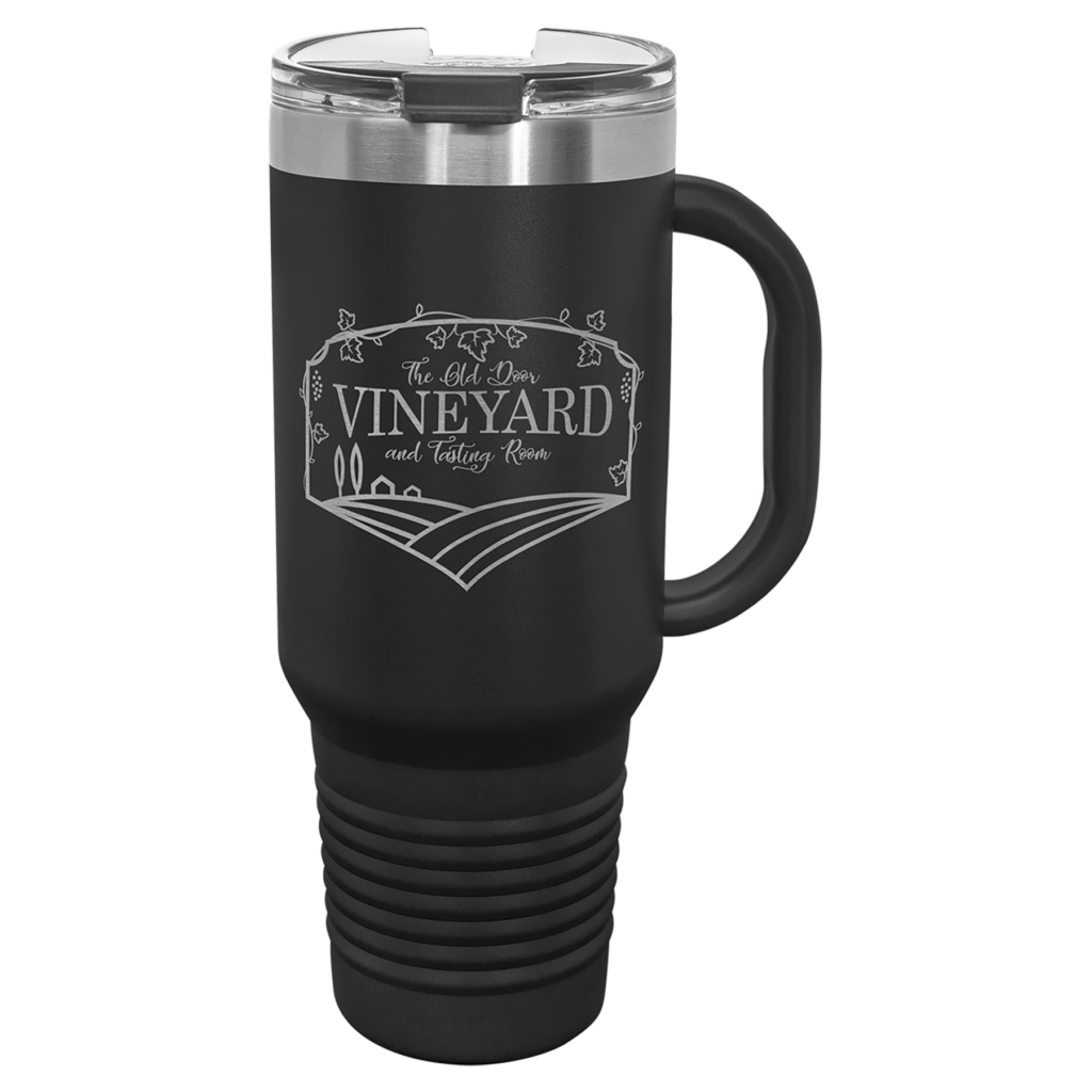 Personalized Polar Camel 40 oz black travel mug with handle, snap lid, straw, and custom laser engraved design