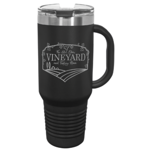 Personalized Polar Camel 40 oz black travel mug with handle, snap lid, straw, and custom laser engraved design