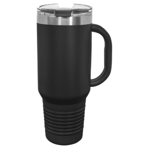 Blank Polar Camel 40 oz black travel mug with handle, snap lid, and reusable straw for custom laser engraving