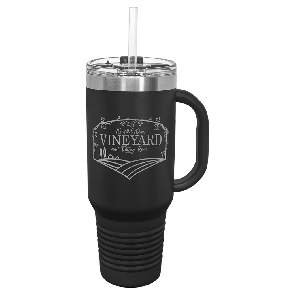 Personalized Polar Camel 40 oz black travel mug with handle, snap lid, straw, and custom laser engraved design