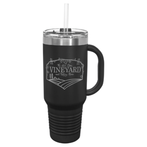 Personalized Polar Camel 40 oz black travel mug with handle, snap lid, straw, and custom laser engraved design