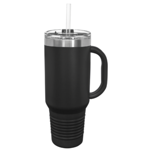 Blank Polar Camel 40 oz black travel mug with handle, snap lid, and reusable straw for custom laser engraving