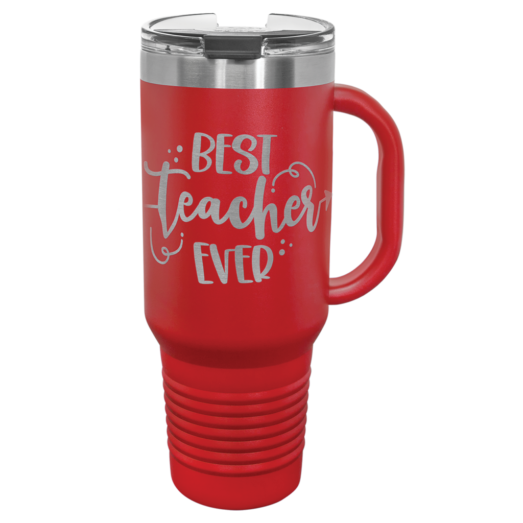 Custom engraved Polar Camel 40 oz red travel mug with Knights logo, handle, snap lid, and straw