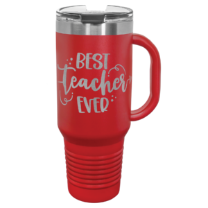 Custom engraved Polar Camel 40 oz red travel mug with Knights logo, handle, snap lid, and straw
