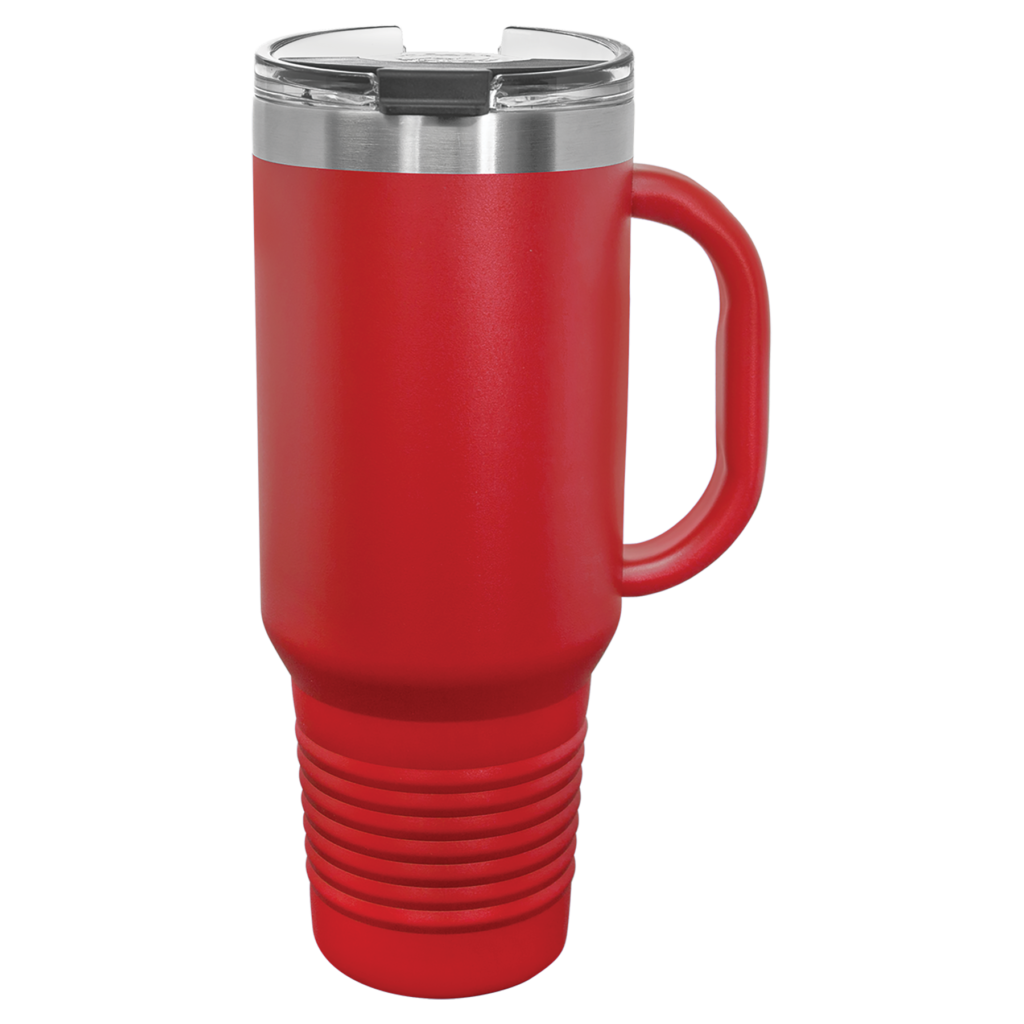 Polar Camel 40 oz red travel mug with, handle, snap lid, and straw