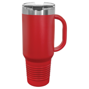 Polar Camel 40 oz red travel mug with, handle, snap lid, and straw