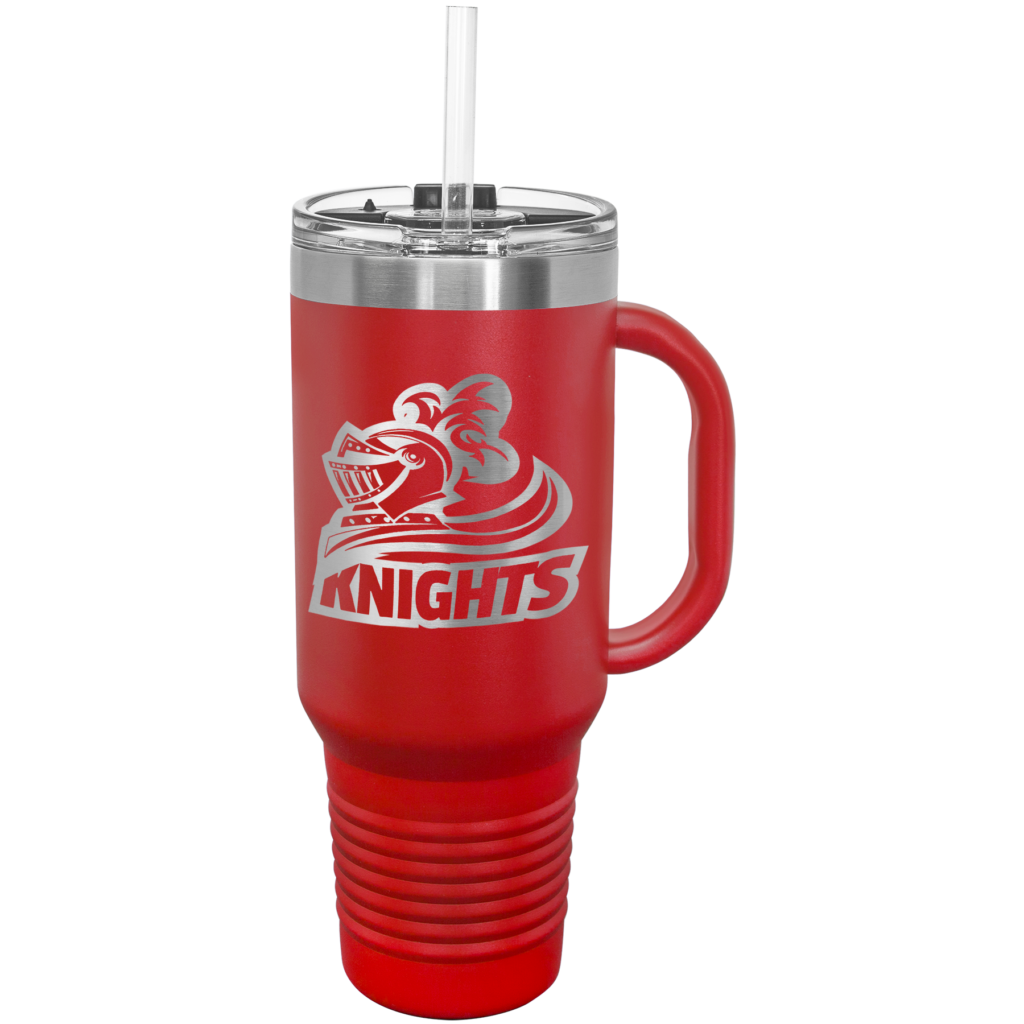 Custom engraved Polar Camel 40 oz red travel mug with Knights logo, handle, snap lid, and straw