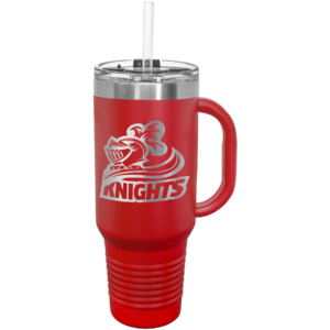 Custom engraved Polar Camel 40 oz red travel mug with Knights logo, handle, snap lid, and straw
