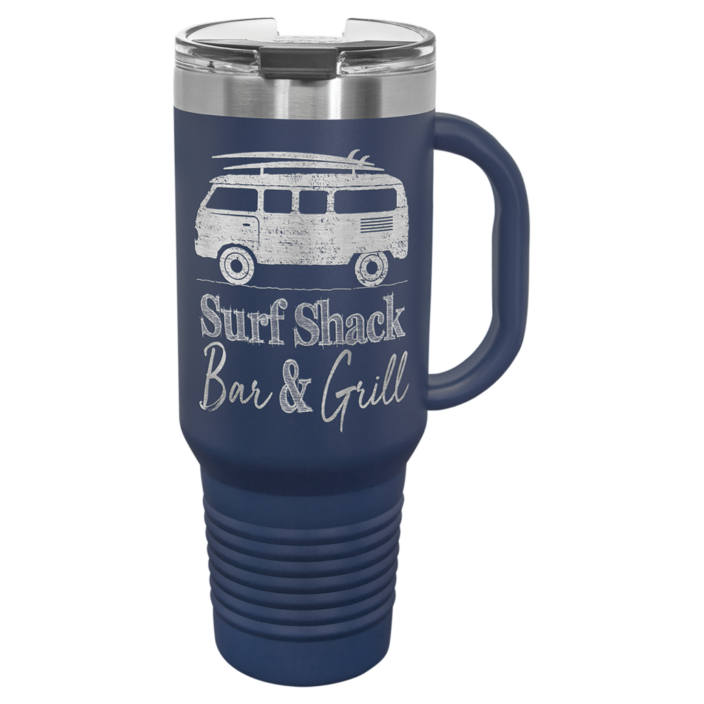 Custom laser engraved Polar Camel 40 oz navy blue travel mug featuring a Surf Shack Bar and Grill design on a stainless steel insulated mug with handle.