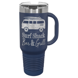 Custom laser engraved Polar Camel 40 oz navy blue travel mug featuring a Surf Shack Bar and Grill design on a stainless steel insulated mug with handle.