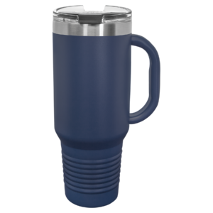 Personalized Polar Camel 40 oz navy blue travel mug with handle, snap lid, straw, and laser engraved stainless steel finish.
