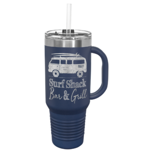Custom laser engraved Polar Camel 40 oz navy blue travel mug with reusable straw, featuring a Surf Shack Bar and Grill design on a stainless steel insulated mug.