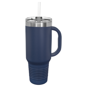 Personalized Polar Camel 40 oz navy blue travel mug with handle, snap lid, reusable straw, and custom laser engraving.