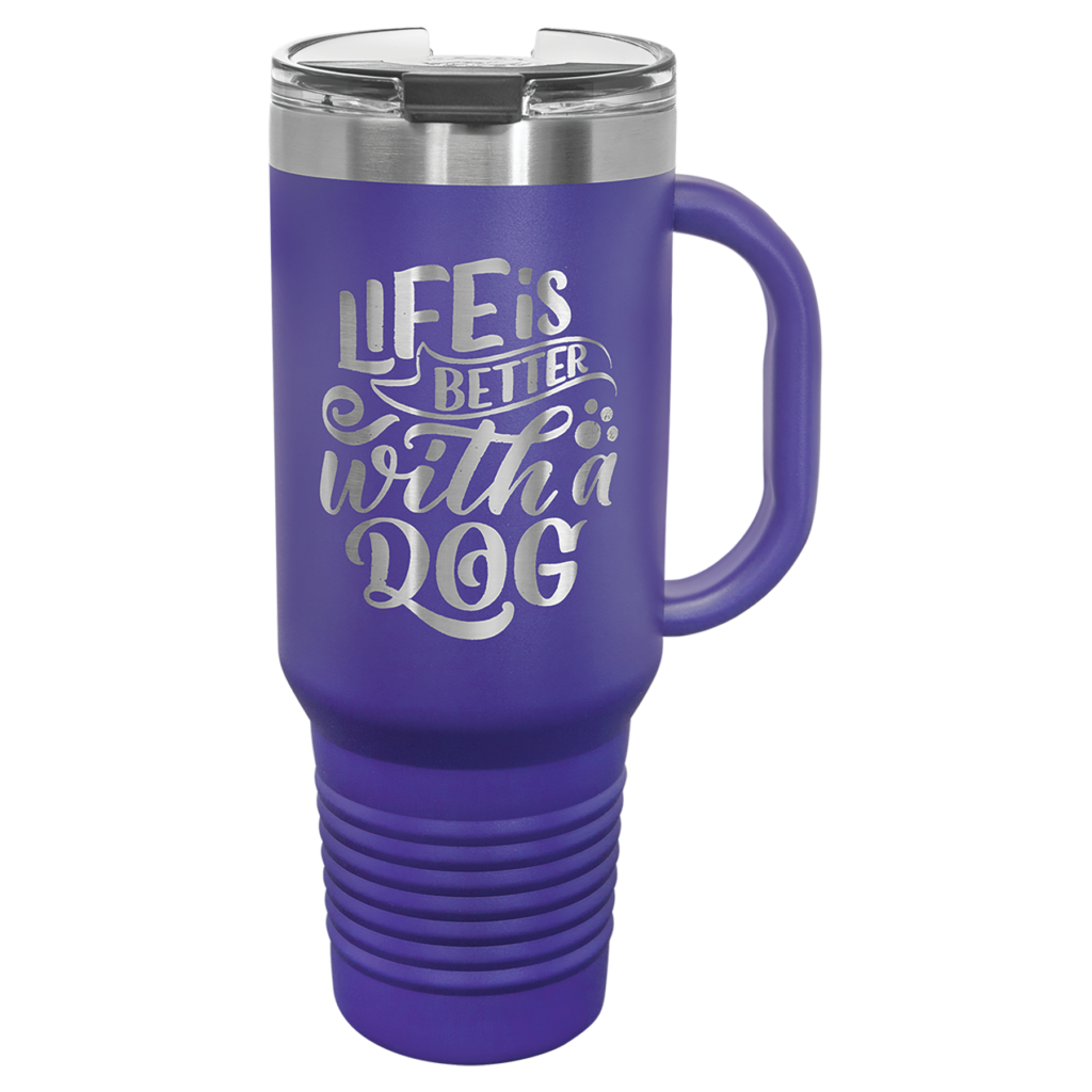 Custom engraved Polar Camel 40 oz purple travel mug with engraved logo, handle, snap lid, and straw