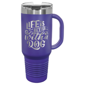 Custom engraved Polar Camel 40 oz purple travel mug with engraved logo, handle, snap lid, and straw