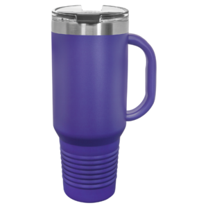 Custom engraved purple Polar Camel 40 oz travel mug with Knights logo, handle, snap lid, and straw