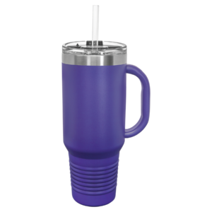 Custom engraved purple Polar Camel 40 oz travel mug with Knights logo, handle, snap lid, and straw