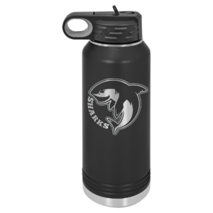 Black 32 oz personalized water bottle with drinking spout cover open