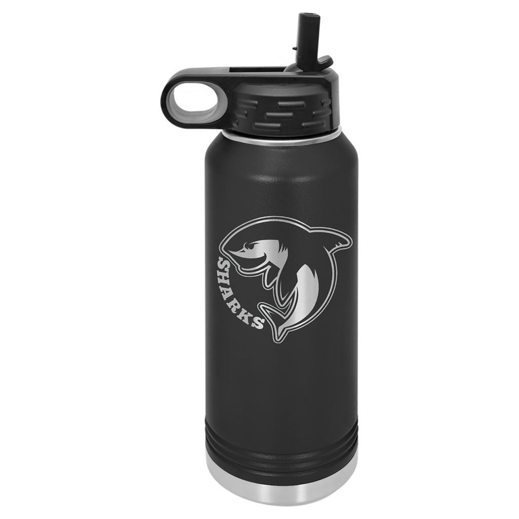 Personalized black 32 oz water bottle with handle and white Dream Big balloon design