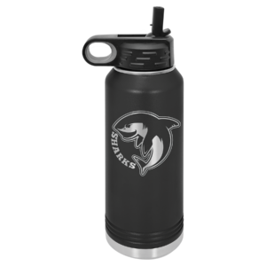 Personalized black 32 oz water bottle with handle and white Dream Big balloon design