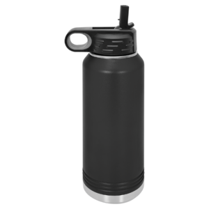 Black 32 oz personalized water bottle with drinking spout cover open