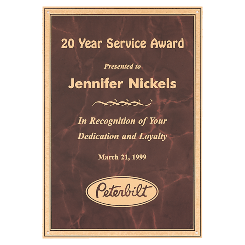 Personalized 6 x 8 ruby marble plaque plate with gold Florentine border and four mounting holes