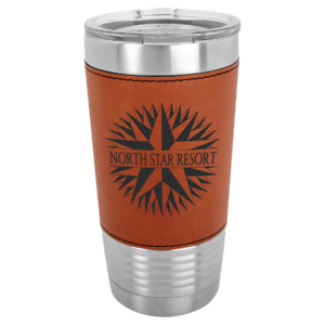 Custom Engraved Dark Brown Leatherette Tumbler with North Star Resort logo Custom Polar Camel Tumbler